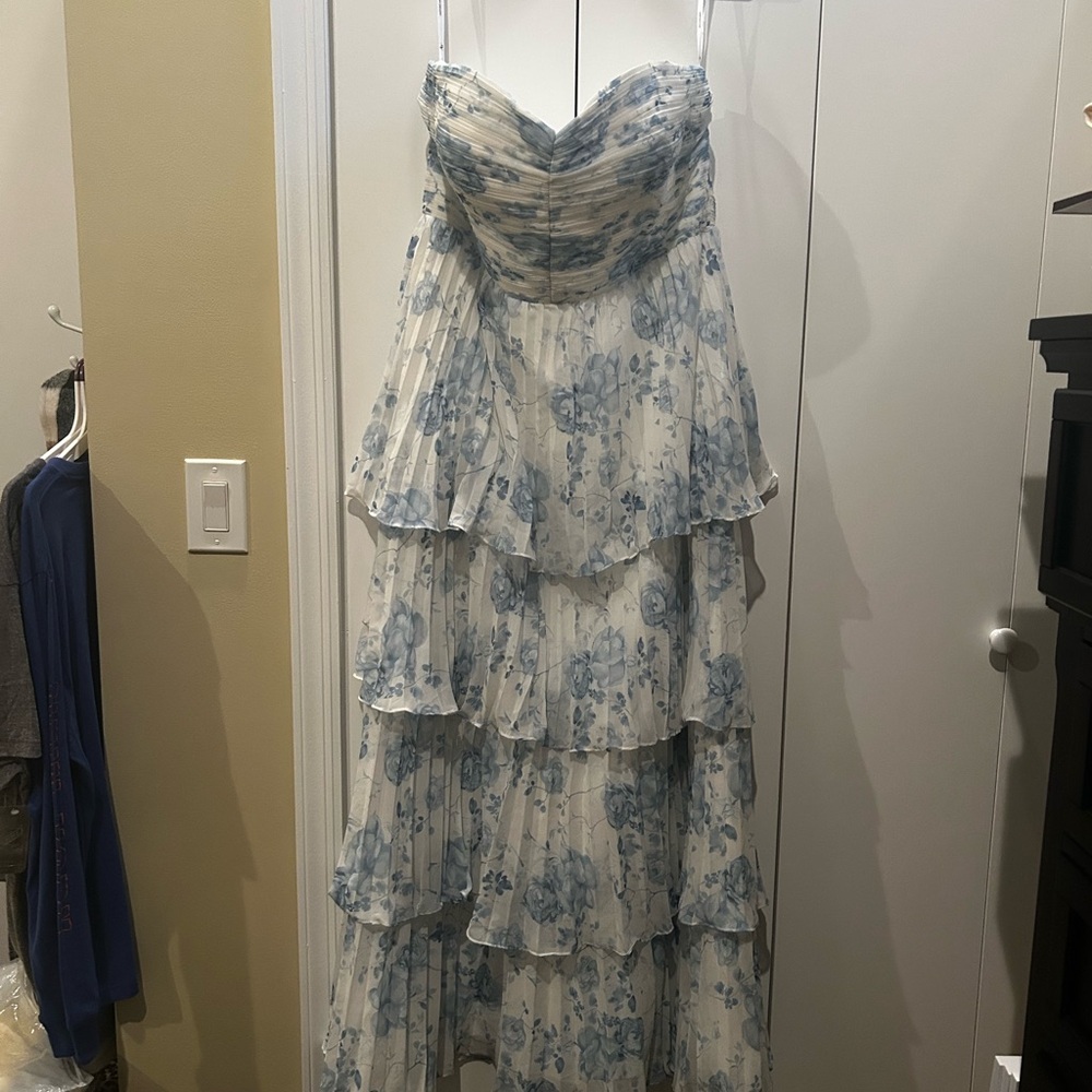 Strapless Floral Wedding Dress in Blue and White